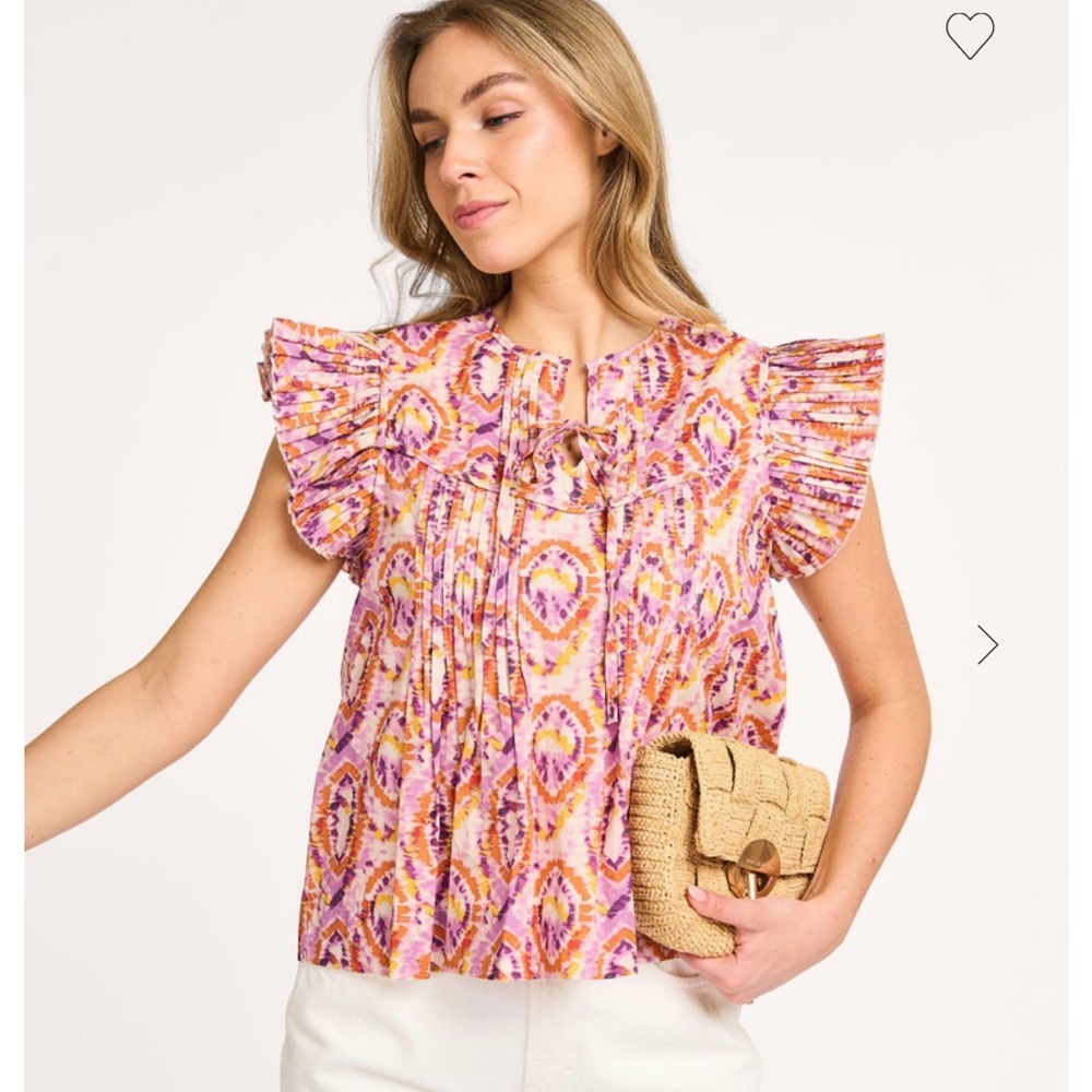 SUNCOO Paris Laurore Lavender, Pink & Orange Printed Ruffle Sleeve Blouse